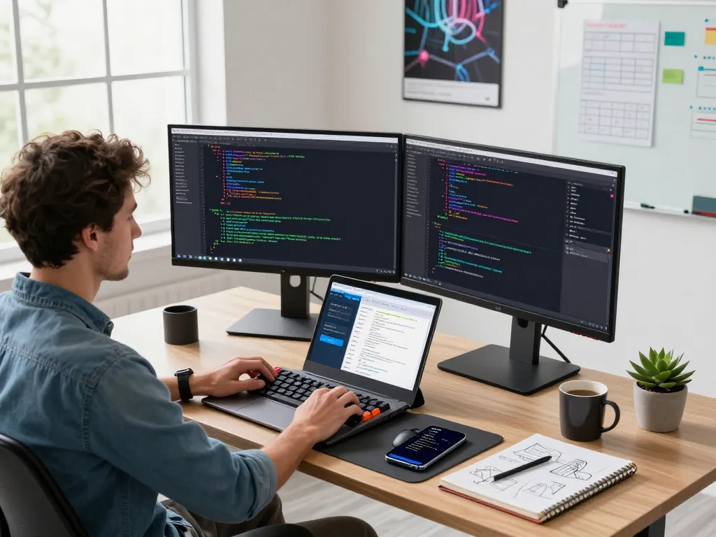 Developer coding HBET software in a modern workspace with bright natural light.