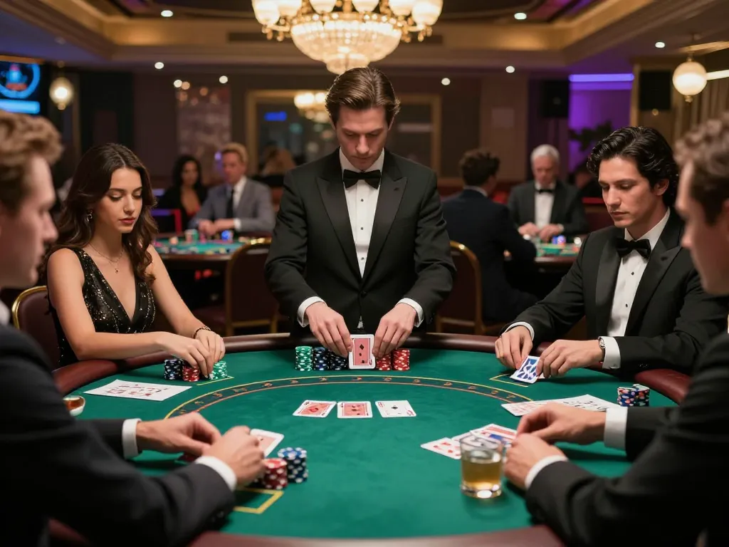 Players experience sunwin blackjack with colorful chips and strategic gameplay in a luxurious casino atmosphere