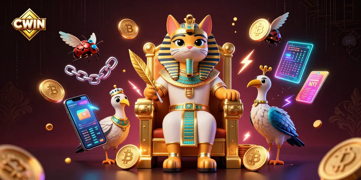 CWIN captivates with a dynamic 3D scene featuring an Egyptian pharaoh cat and glowing crypto elements in a vibrant casino setting.