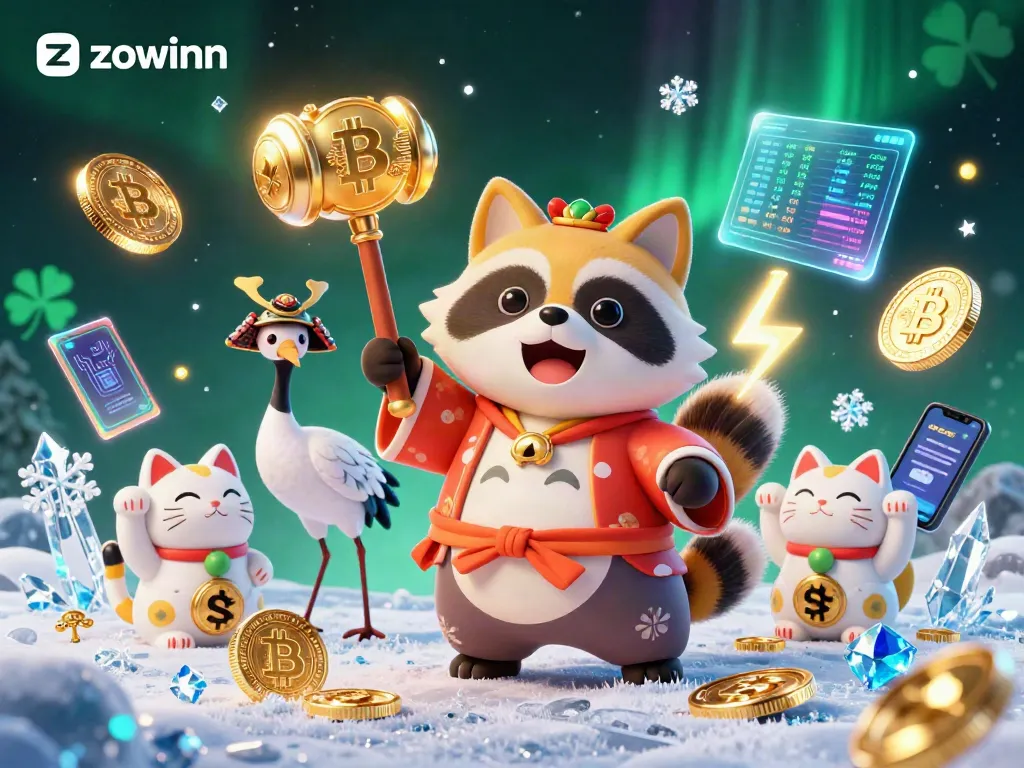 Zowinn engages players with vibrant 3D illustration of a cheerful tanuki holding lucky mallet among festive elements.