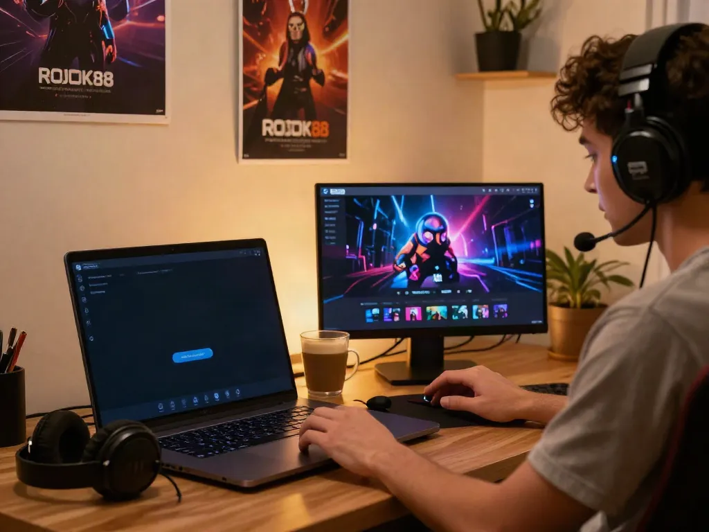 rokok88 login on a sleek laptop with cozy gaming setup
