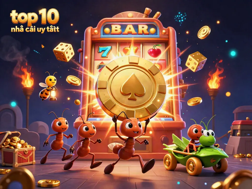 Catching the excitement of top 10 nhà cái uy tín with a heist-themed scene featuring cartoon ants and casino elements.