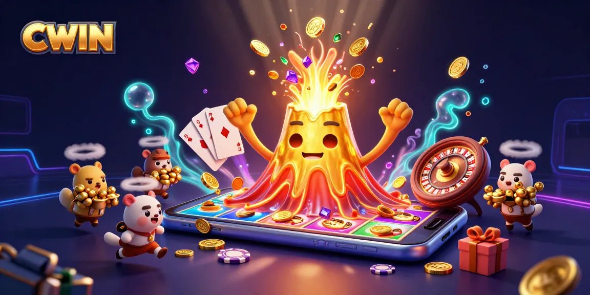 CWIN erupts with treasure, showcasing vibrant slot games and a golden volcano, inviting players to win big.