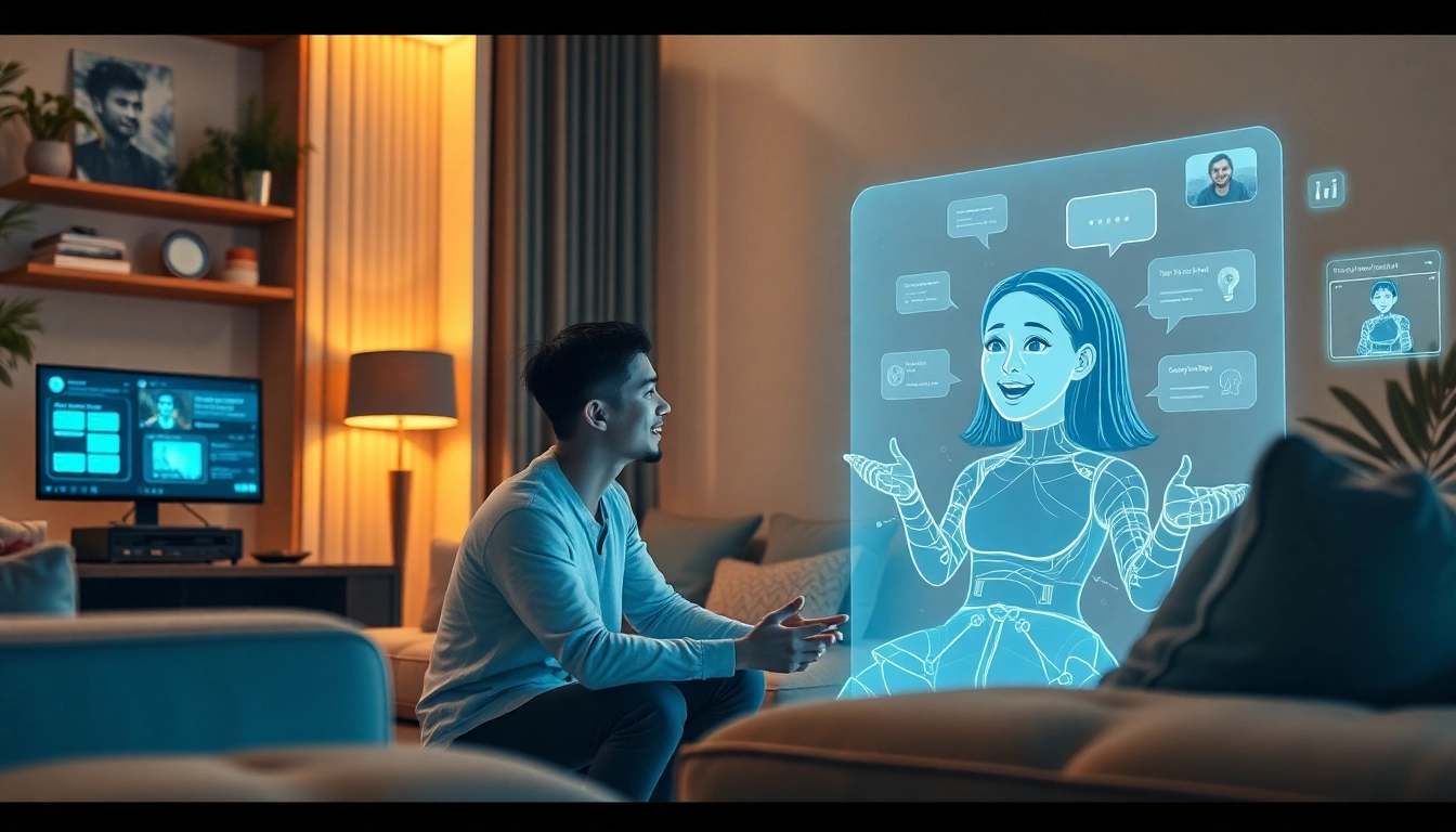 Engaging scene of a user interacting with an AI character showcasing crushonai technology.