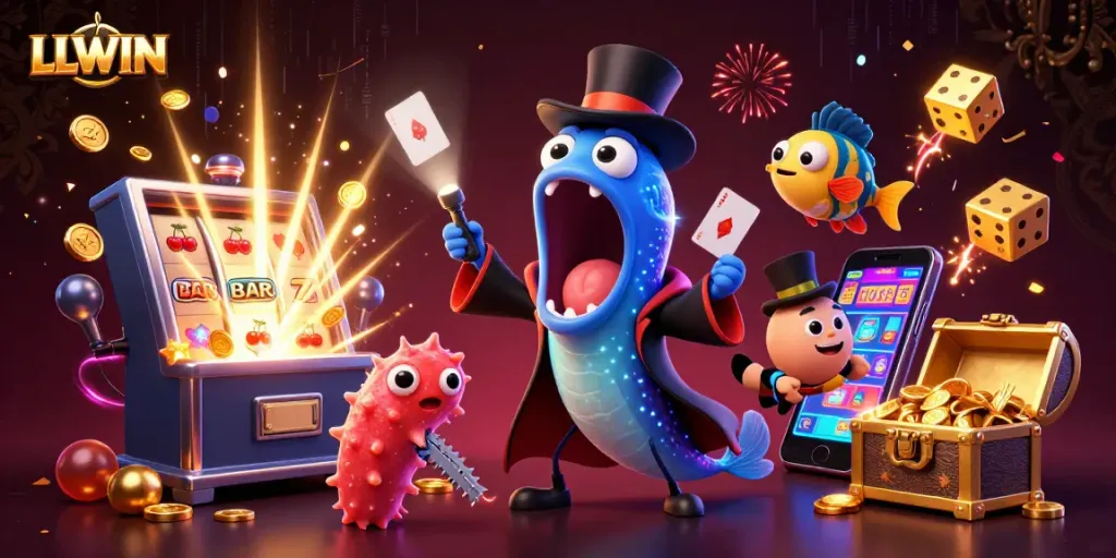 LLWIN features a dynamic cartoon scene of deep-sea characters showcasing exciting casino elements.