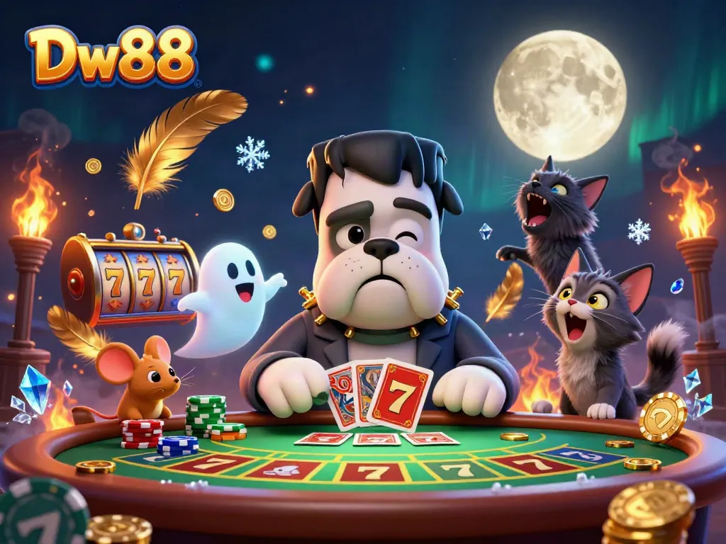 Experience thrill with Dw88's playful characters at a vibrant casino scene filled with golden tokens and enchanting effects.