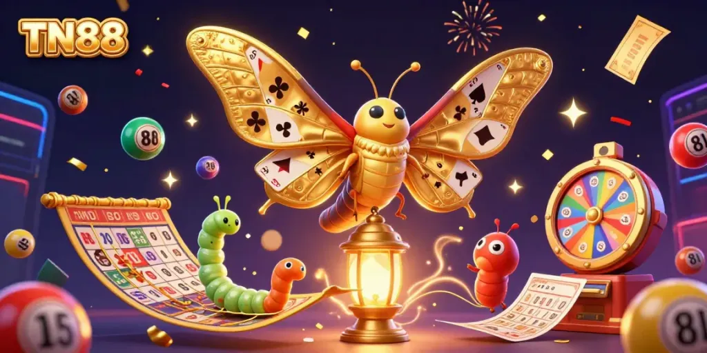 Experience the excitement of TN88 with golden casino elements and vibrant lottery activities.