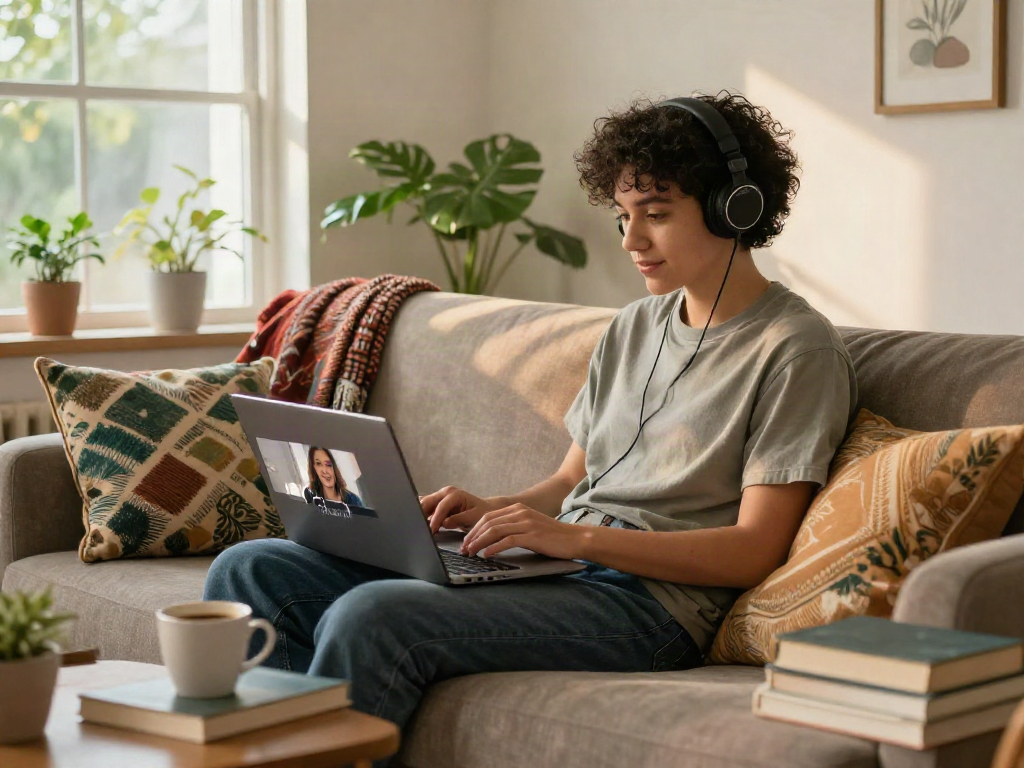 Person crushing on friends during a video call in a cozy home setting.