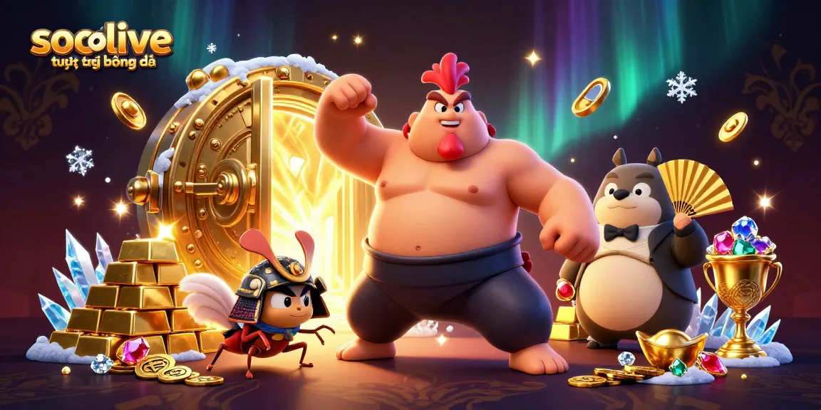 Socolive trực tiếp bóng đá showcases an exciting scene with a sumo wrestler, samurai cricket, and tanuki announcer amid treasures, enhancing your betting experience.