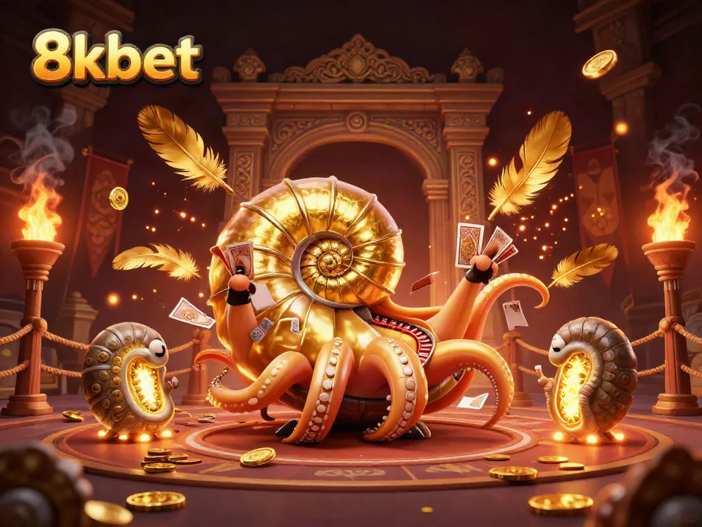 Experience thrilling gameplay at 8kbet with a vibrant casino scene of a giant nautilus casting cards.