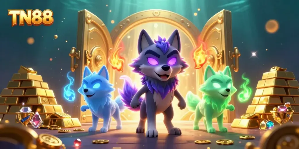 Experience the thrill of TN88 with vibrant ghostly wolves amid treasures in a casino-themed 3D scene.