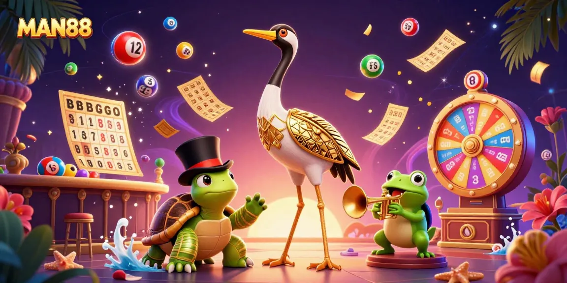 Experience the thrilling atmosphere of MAN88 with vibrant lottery elements and lively cartoon characters.