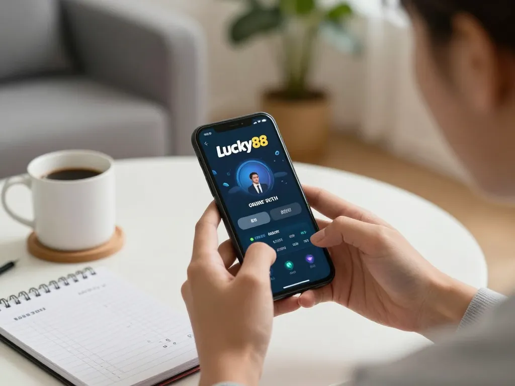 Engaging in gameplay on the Lucky88 app, smartphone in hand during a cozy home gaming session.