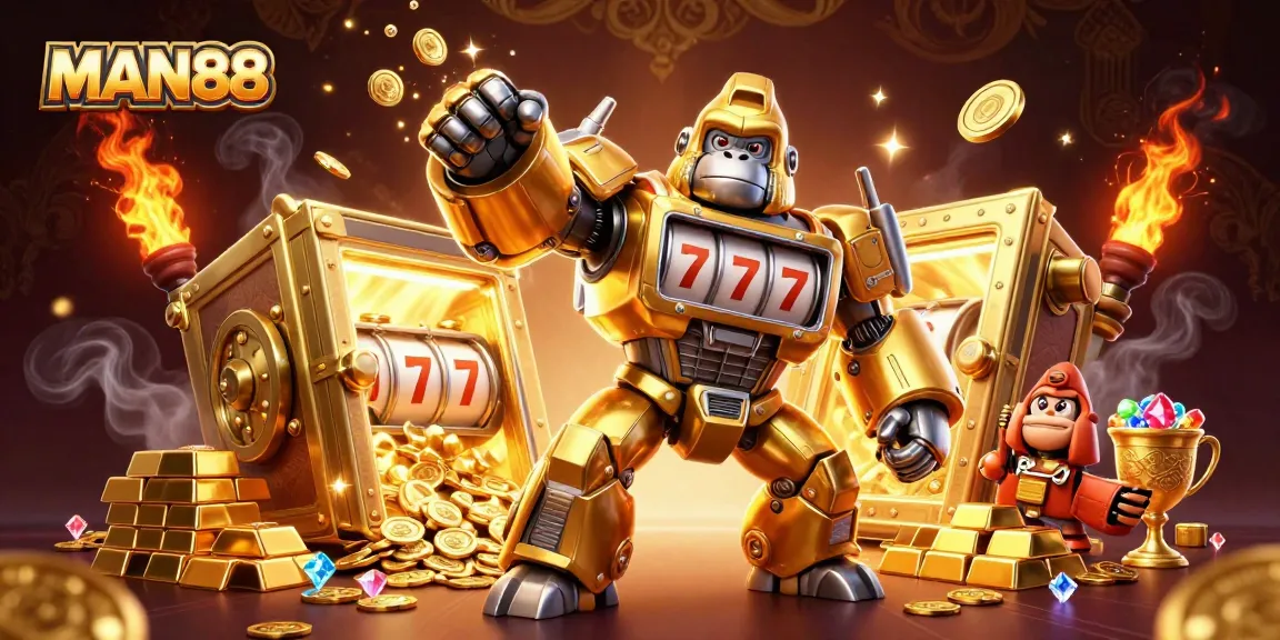 Experience thrilling slots action with the MAN88 golden gorilla mech amid a treasure explosion.