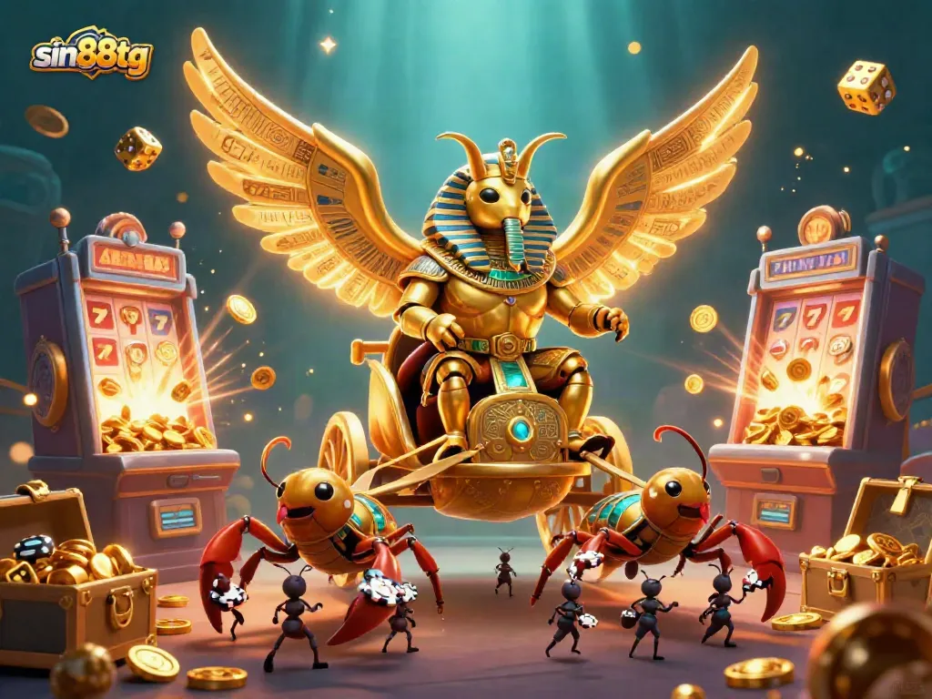 Experience thrilling jackpots with sin88tg's captivating casino scene featuring a scarab beetle and treasure!