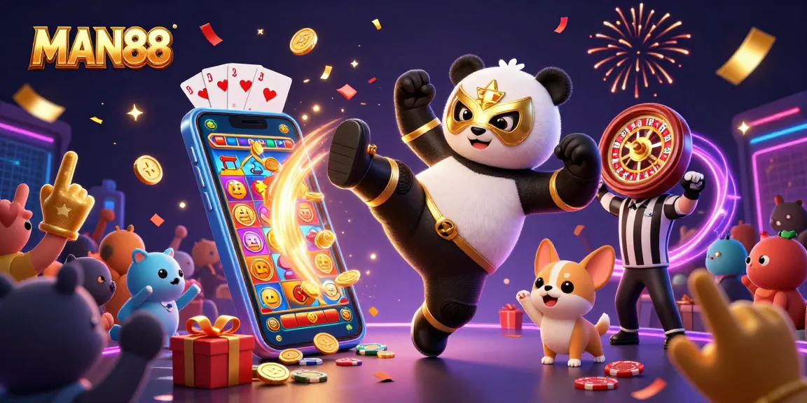MAN88 showcases a thrilling game atmosphere with playful characters and vibrant casino elements.