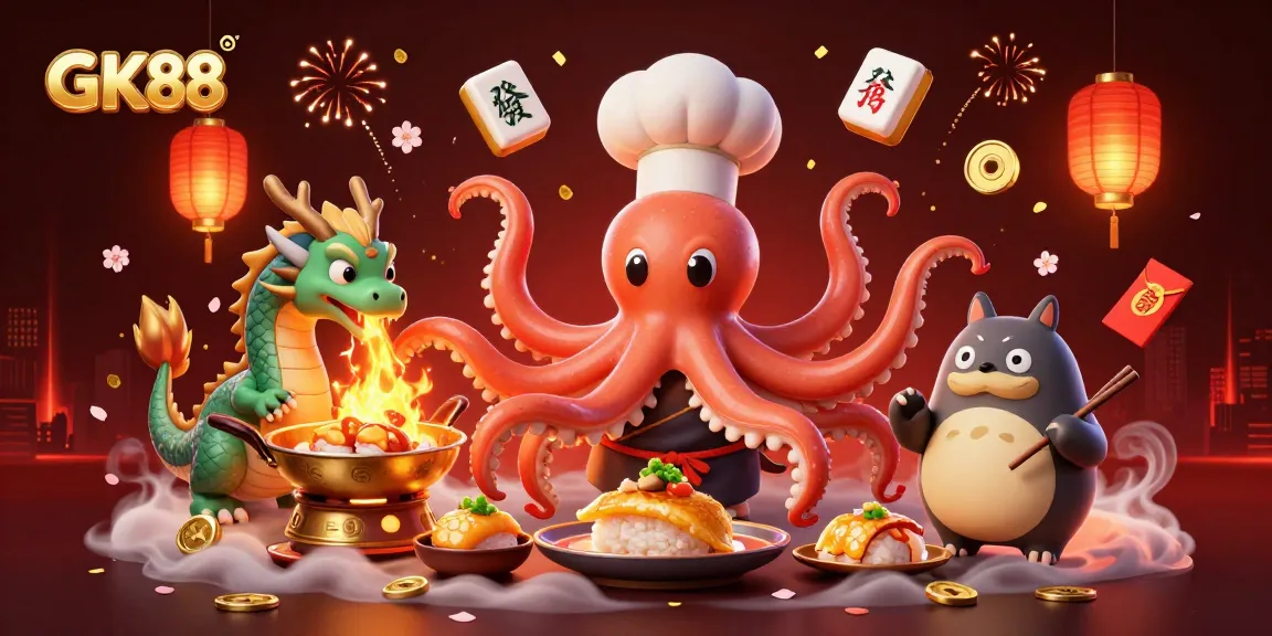 Experience dynamic gaming with GK88, featuring vibrant casino elements and playful characters.