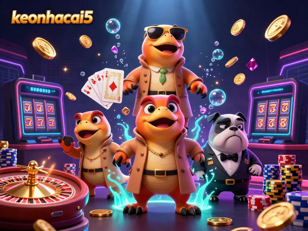 Experience keonhacai5 with raptors in disguise entering a VIP casino, surrounded by sparkling casino elements.