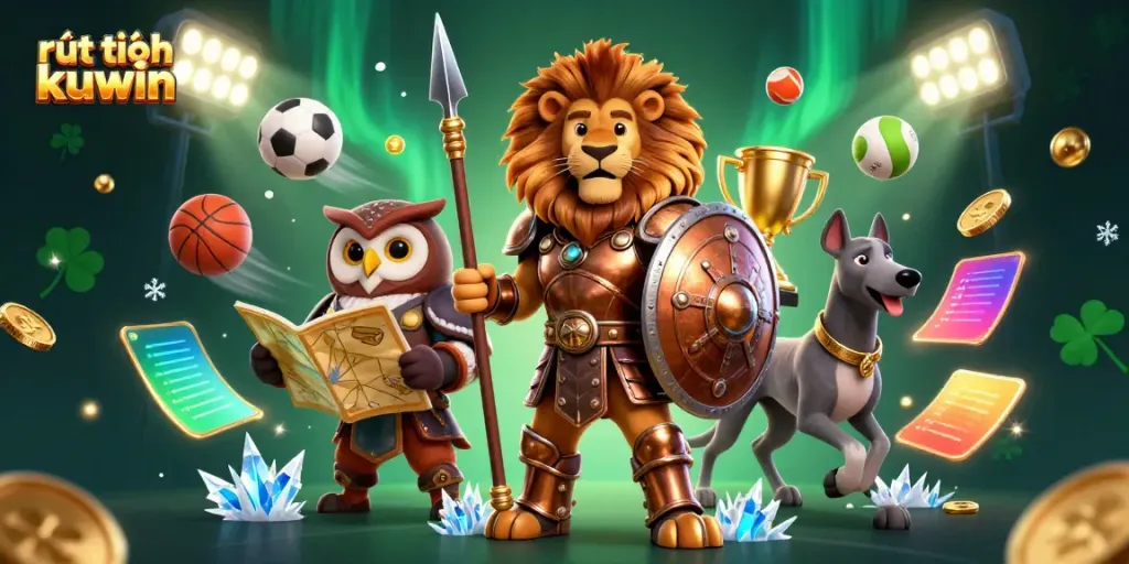 Dynamic scene of rút tiền kuwin featuring a Spartan lion, an owl strategist, and a greyhound in a vibrant gambling-themed setting.