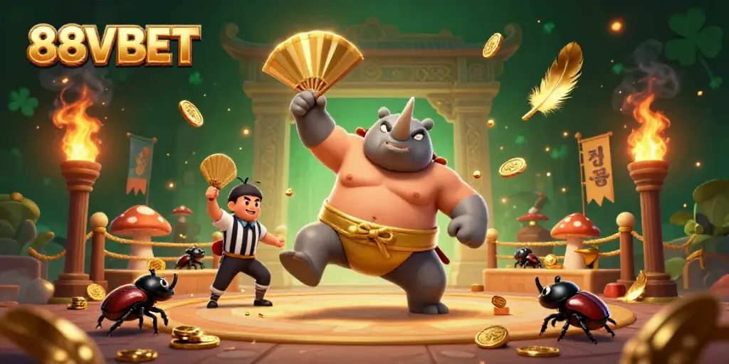 88VBET unveils a vibrant 3D scene with a rhinoceros beetle champion amidst swirling golden coins in an animated casino.