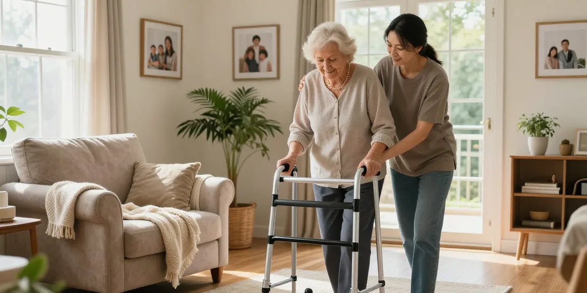 Buy nobility aids with a supportive caregiver assisting an elderly woman using a walker in a welcoming home setting.