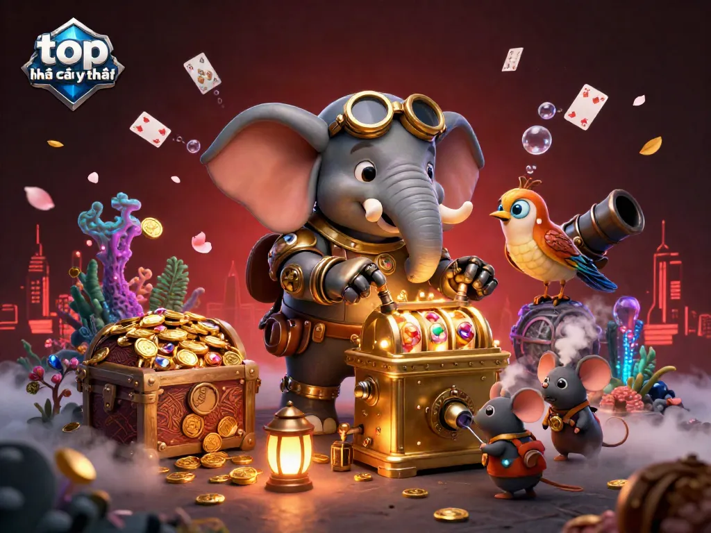 Experience the vibrant world of top nhà cái uy tín with a steampunk elephant operating a slot machine amidst treasures and cards.