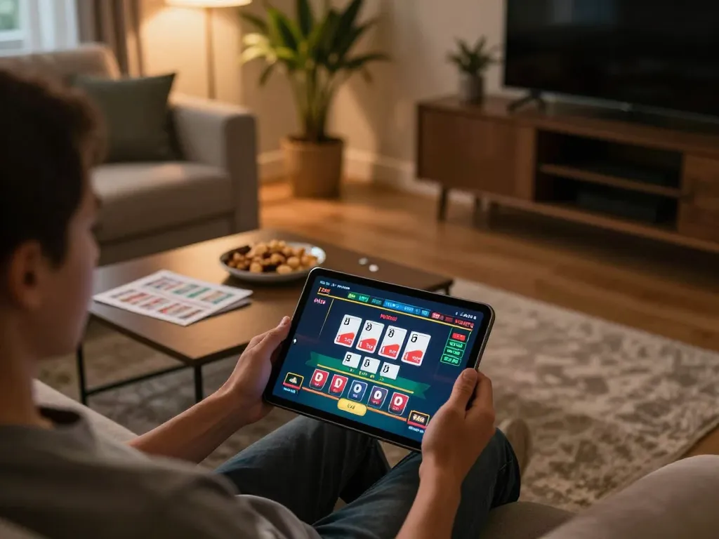 Player enjoying blackjack on thabete app at home, showcasing a cozy gaming setup