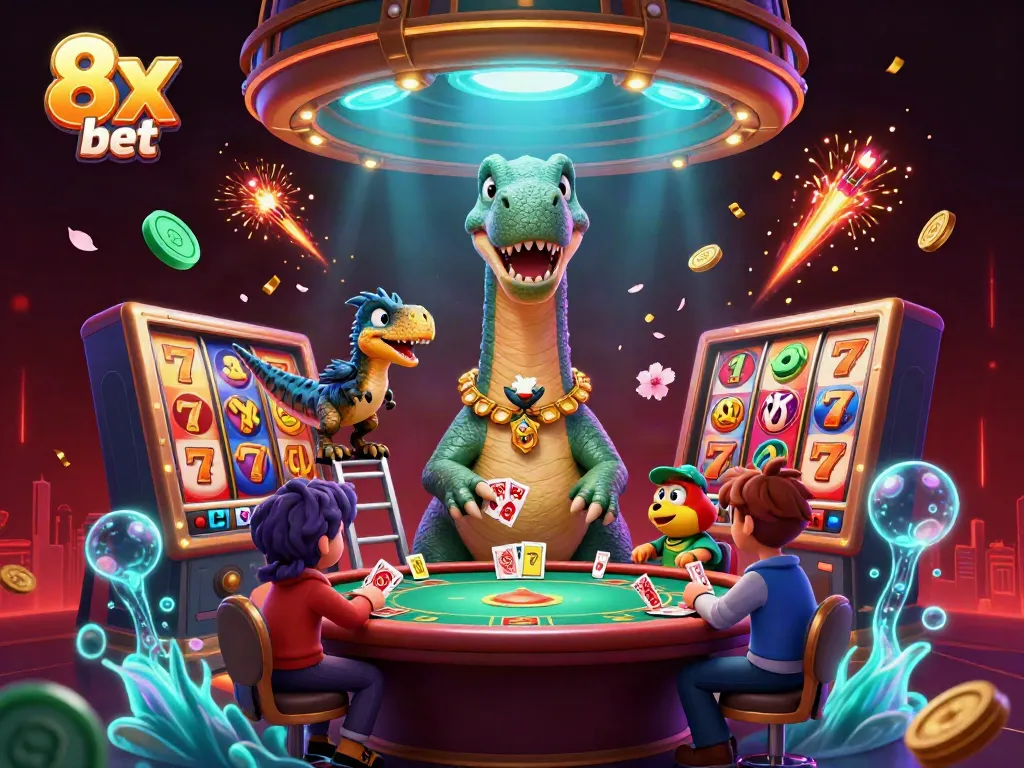 Engage with 8x bet through a vibrant 3D casino scene featuring dynamic elements and characters.