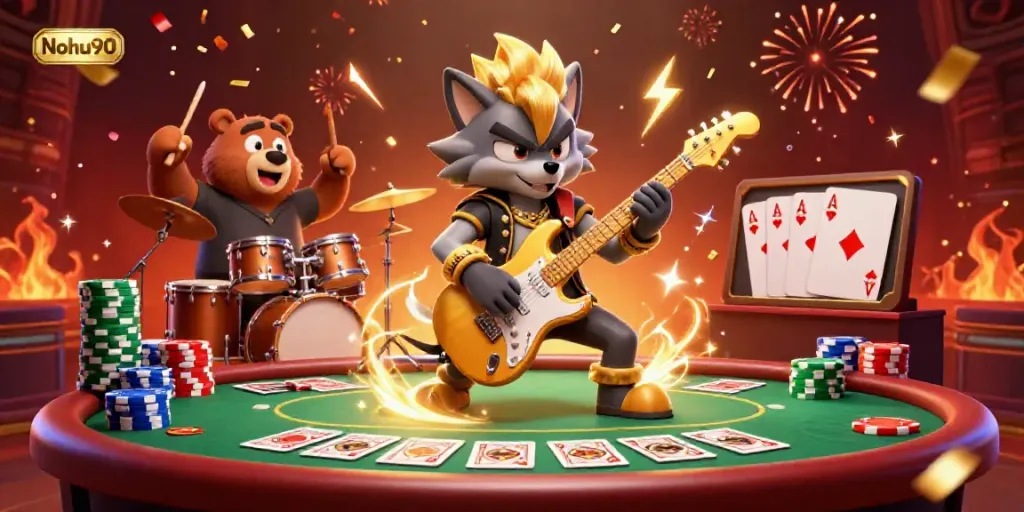 Nohu90 delivers a thrilling casino experience with a 3D cartoon rock star wolf playing an electric guitar on stage.