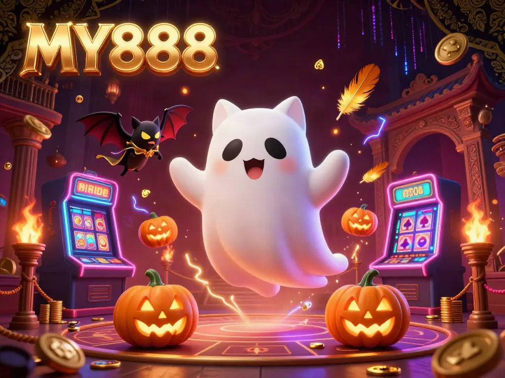 Engage with MY888's haunted casino adventure featuring a ghost cat and bat in a vibrant, thrilling setting.