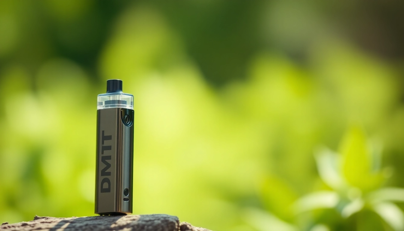 Buy DMT online featuring a modern vape cartridge against a serene natural backdrop.