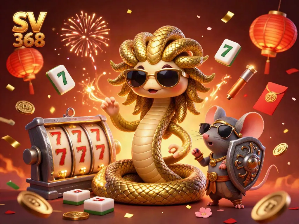 Engaging SV 368 casino scene with Medusa and a warrior mouse amidst vibrant slot elements.