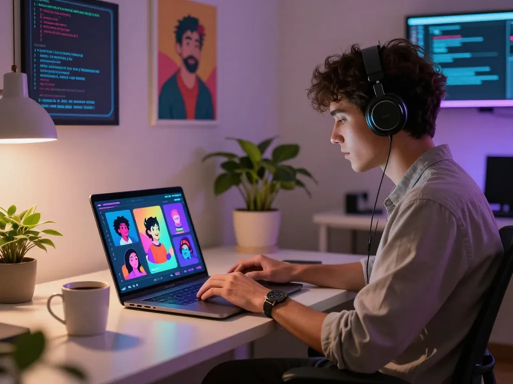 Engaging with Crush AI chatbot in a modern tech workspace, showcasing vibrant character animations and creative interactions.