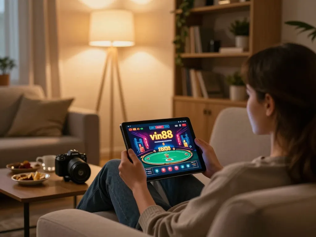 Engaged user playing vin88 casino app on tablet in a cozy living room
