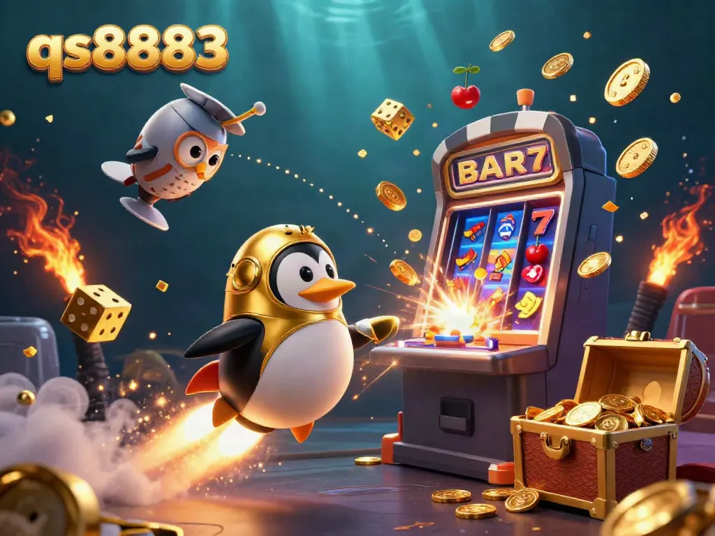 Experience thrilling gameplay with qs8883's vibrant casino scene featuring a golden penguin and a jackpot explosion.