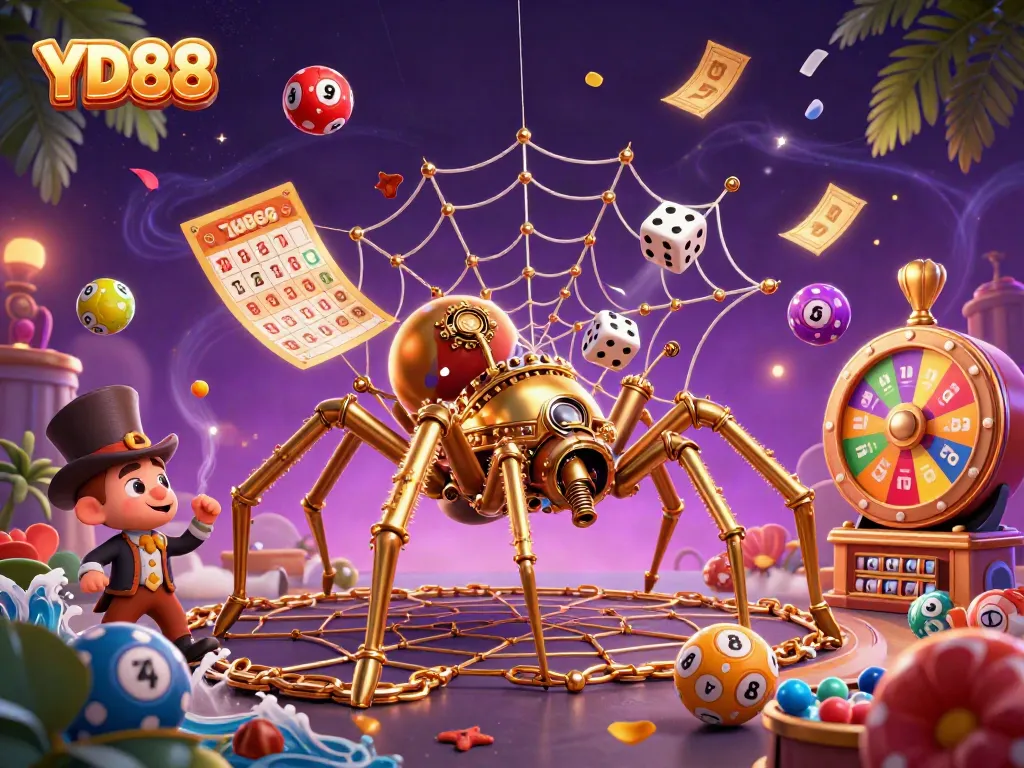 Engaging illustration of YD88 with a steampunk spider and Victorian fly gentleman in a vibrant casino scene.