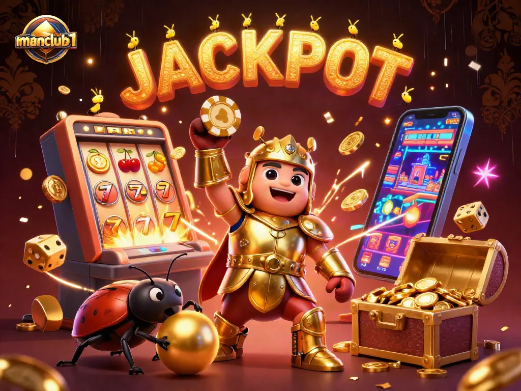 Experience the excitement of manclub1 as the victorious beetle celebrates a jackpot with dynamic casino elements.