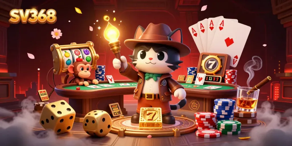 Engage with SV368's exciting gambling adventure featuring a treasure-hunting cat and monkey companion amidst vibrant casino elements.