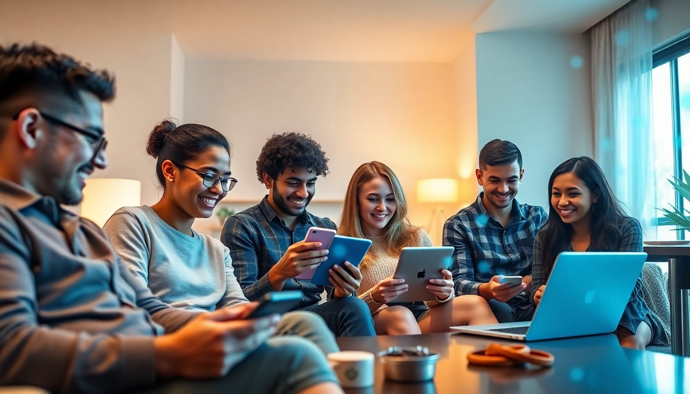 快连官网 showcases diverse users happily connected through secure and fast internet using various devices.