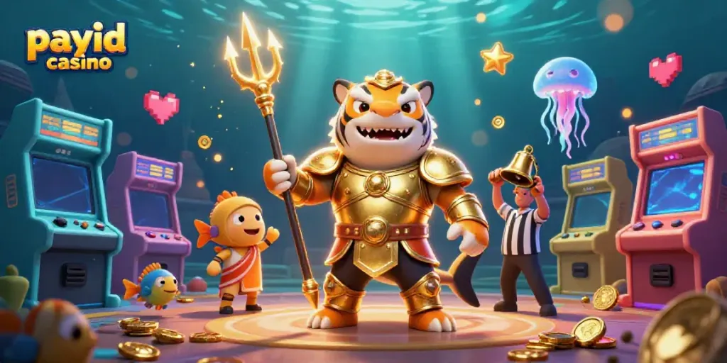 Join the action at a payid casino with a dynamic underwater scene featuring a tiger shark in gladiator gear.