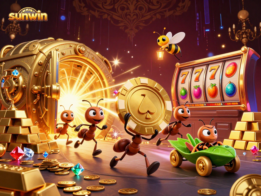 Join the thrilling sunwin heist led by ants with a golden poker chip in this vibrant casino scene.