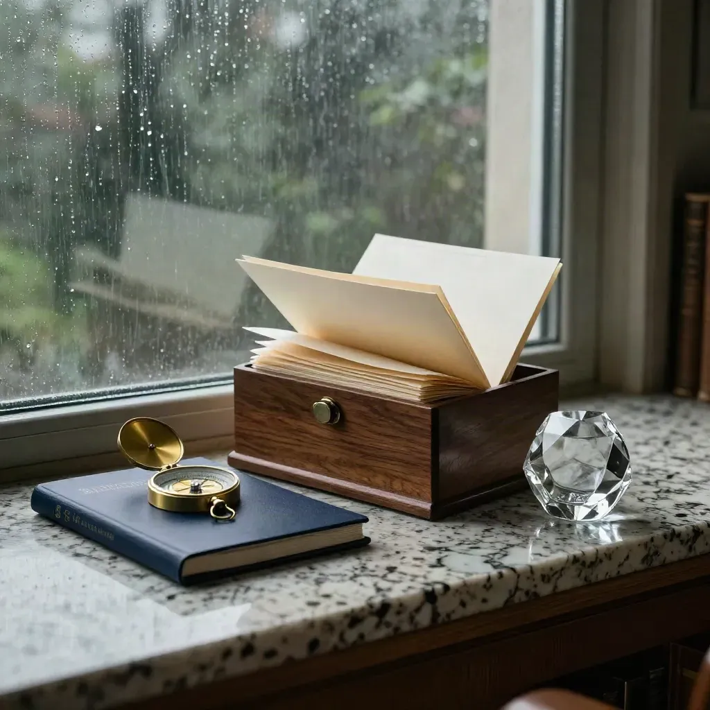 Rain-lit wealth-planning objects: navy folio, brass compass, estate box, folders, crystal paperweight