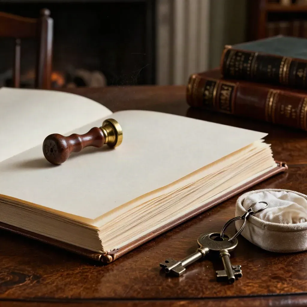 Estate binder, keys, seal stamp and ring box on a walnut library table in winter light.