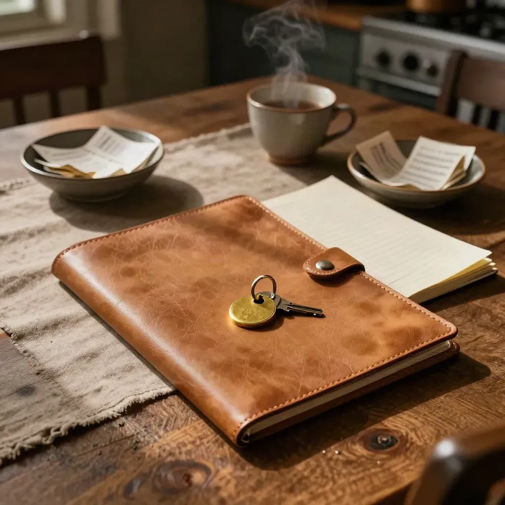 Overhead of a family dinner table with a leather folder, key ring, closed notebook, and receipts.