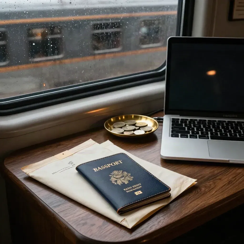 Border hotel desk with passport sleeve, tax packets, coins and a laptop by a train-lit window.