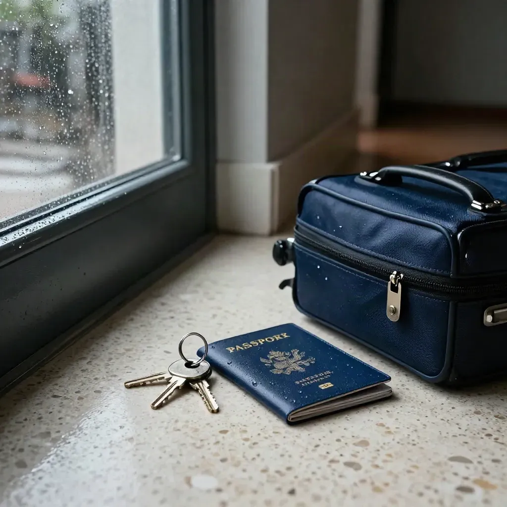 Rainy hall with passport wallet, keys, tags and travel case by the door.