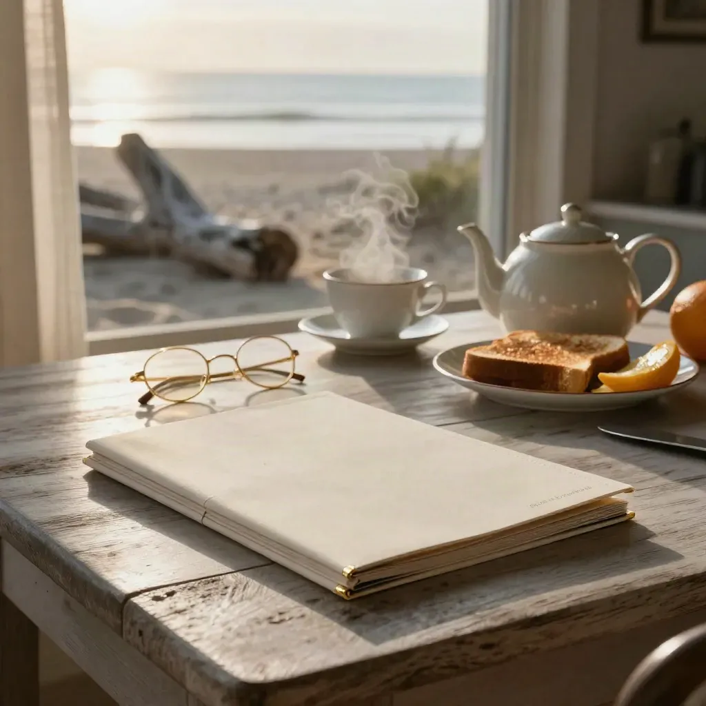 Seaside kitchen table with pension folio, teapot, breakfast plate, glasses and steam at sunrise.