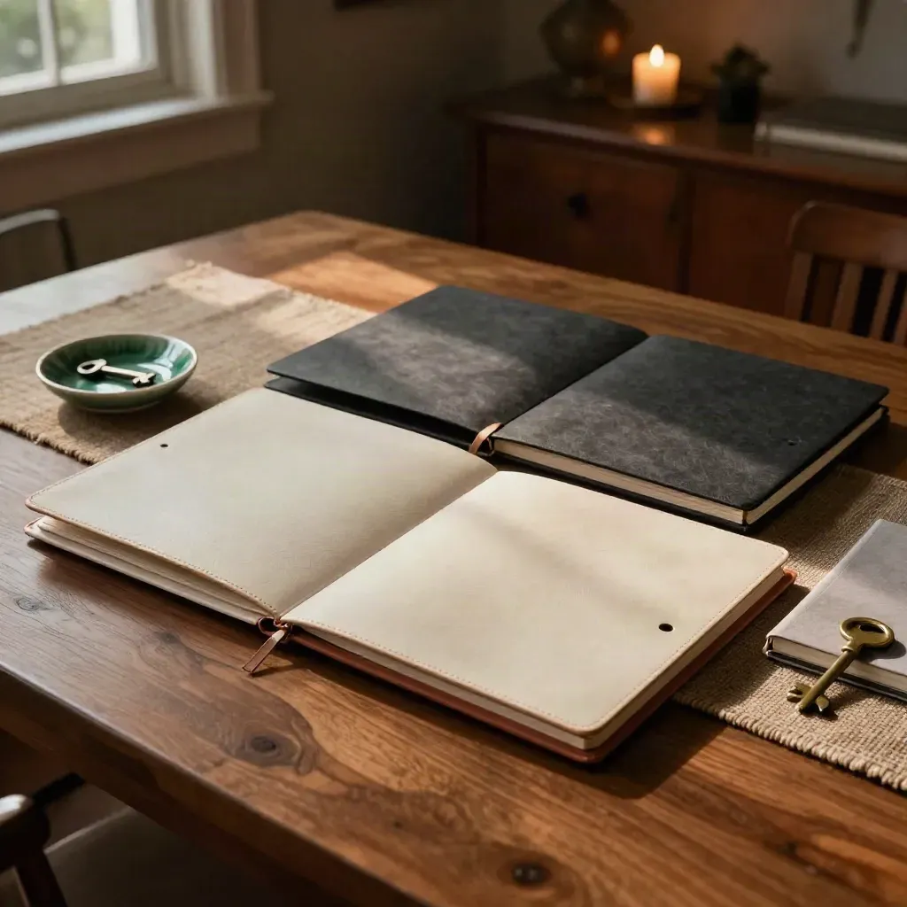 Estate folders, key dish and turned-over notebook on a dusk dining table.