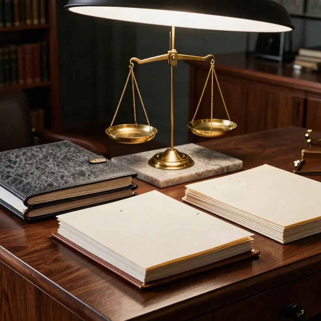 Three closed investment folios beside a brass scale and stone tray on a walnut office credenza.