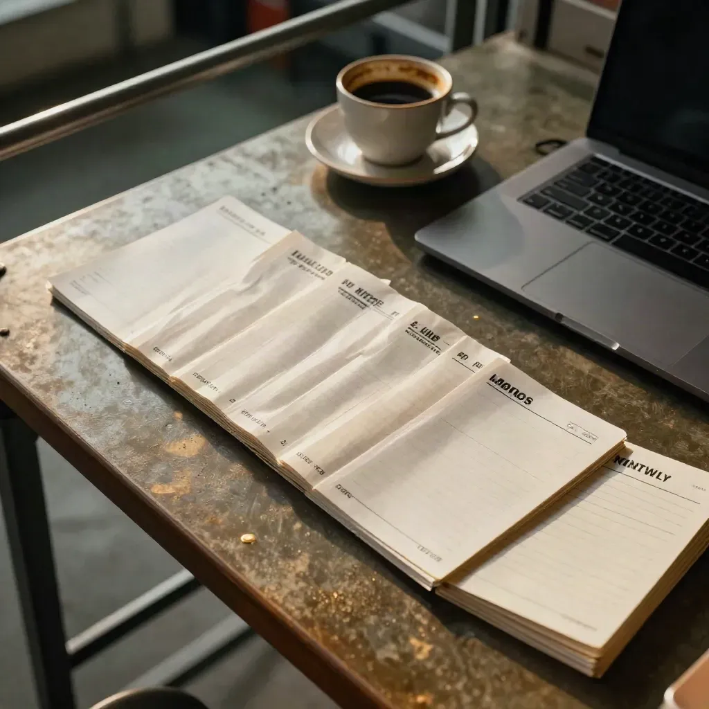 Overhead finance desk with sealed packets, closed laptop, coffee, and monthly cards in warm late light.